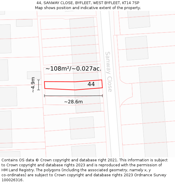 44, SANWAY CLOSE, BYFLEET, WEST BYFLEET, KT14 7SP: Plot and title map