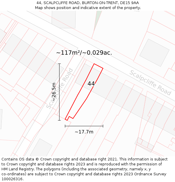 44, SCALPCLIFFE ROAD, BURTON-ON-TRENT, DE15 9AA: Plot and title map