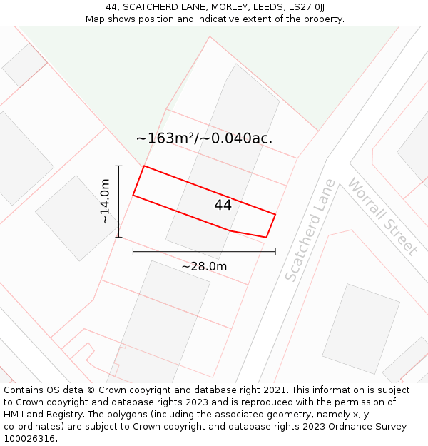 44, SCATCHERD LANE, MORLEY, LEEDS, LS27 0JJ: Plot and title map
