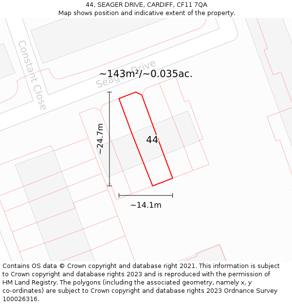 44, SEAGER DRIVE, CARDIFF, CF11 7QA: Plot and title map