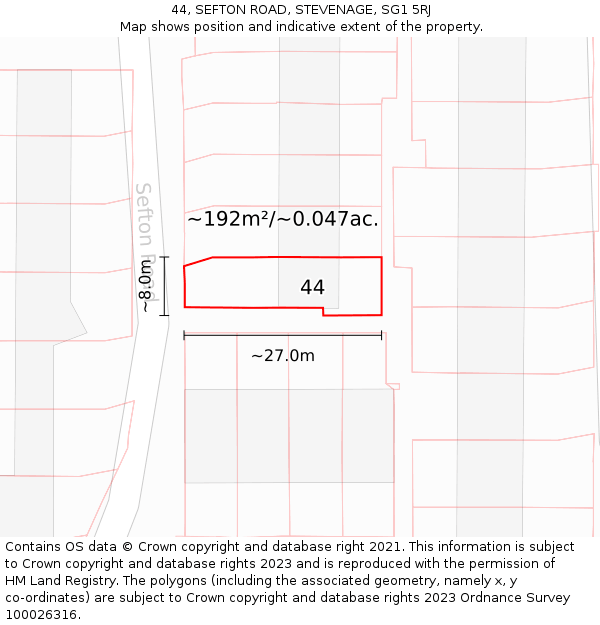 44, SEFTON ROAD, STEVENAGE, SG1 5RJ: Plot and title map