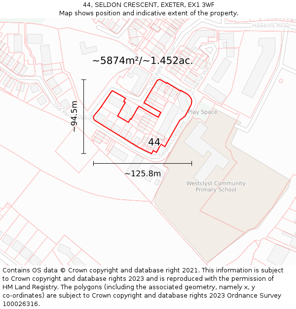 44, SELDON CRESCENT, EXETER, EX1 3WF: Plot and title map