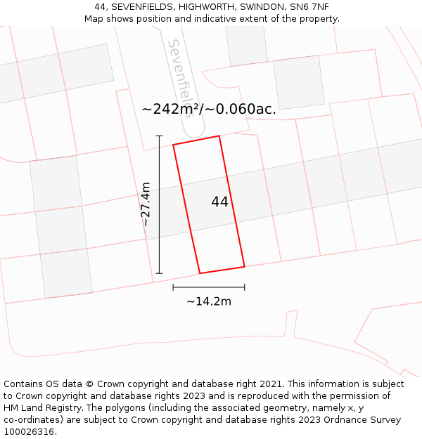 44, SEVENFIELDS, HIGHWORTH, SWINDON, SN6 7NF: Plot and title map