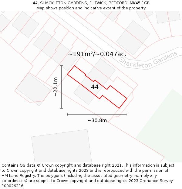 44, SHACKLETON GARDENS, FLITWICK, BEDFORD, MK45 1GR: Plot and title map