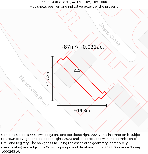 44, SHARP CLOSE, AYLESBURY, HP21 8RR: Plot and title map