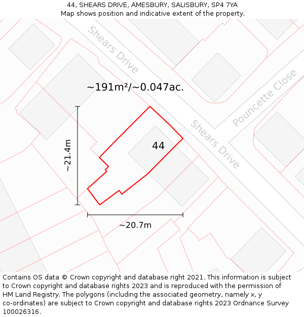 44, SHEARS DRIVE, AMESBURY, SALISBURY, SP4 7YA: Plot and title map