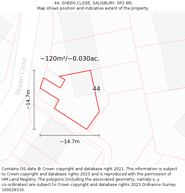 44, SHEEN CLOSE, SALISBURY, SP2 9PJ: Plot and title map