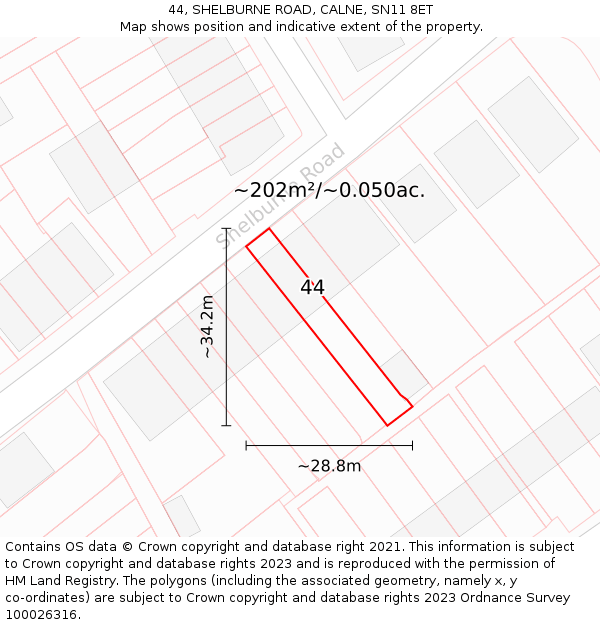 44, SHELBURNE ROAD, CALNE, SN11 8ET: Plot and title map