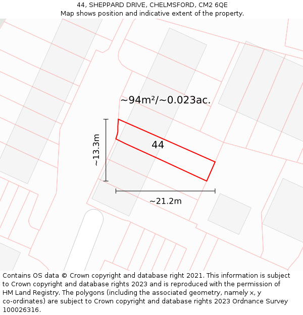 44, SHEPPARD DRIVE, CHELMSFORD, CM2 6QE: Plot and title map