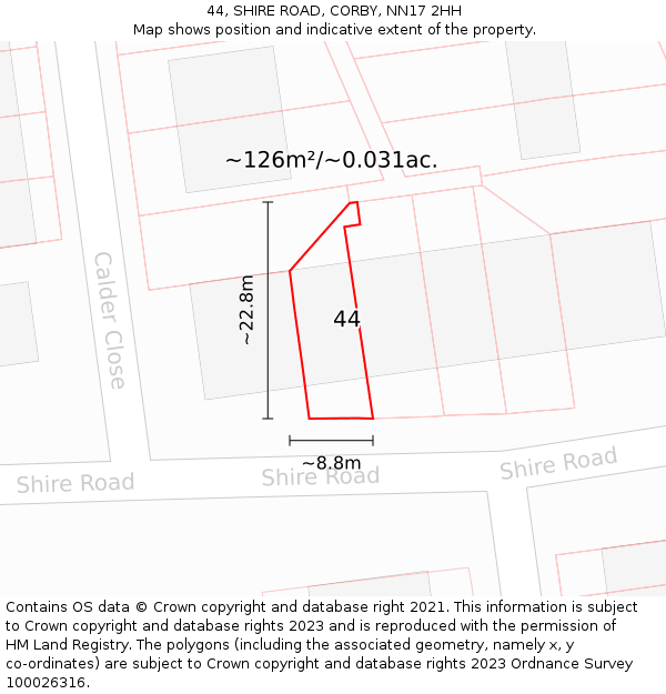 44, SHIRE ROAD, CORBY, NN17 2HH: Plot and title map
