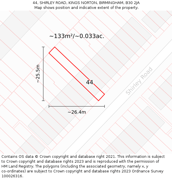 44, SHIRLEY ROAD, KINGS NORTON, BIRMINGHAM, B30 2JA: Plot and title map