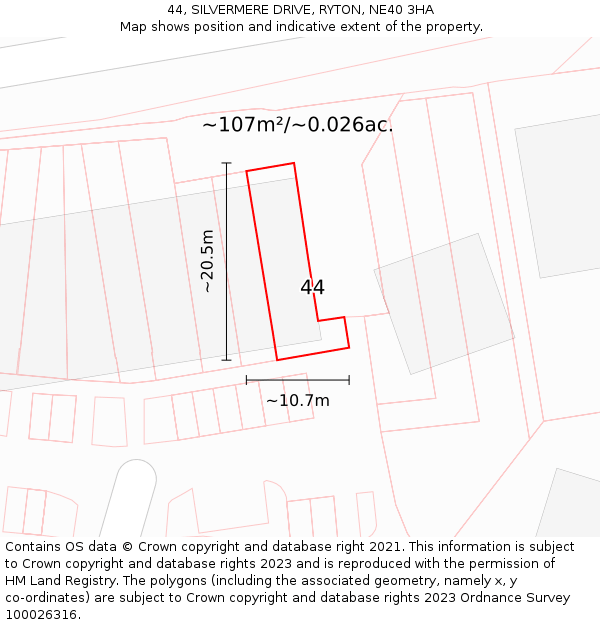 44, SILVERMERE DRIVE, RYTON, NE40 3HA: Plot and title map