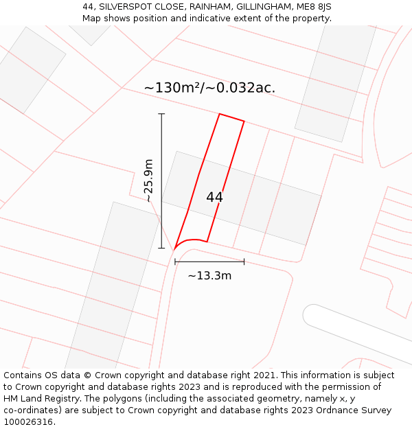 44, SILVERSPOT CLOSE, RAINHAM, GILLINGHAM, ME8 8JS: Plot and title map