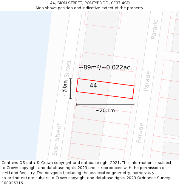 44, SION STREET, PONTYPRIDD, CF37 4SD: Plot and title map