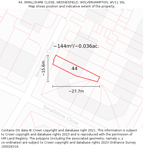 44, SMALLSHIRE CLOSE, WEDNESFIELD, WOLVERHAMPTON, WV11 3SL: Plot and title map