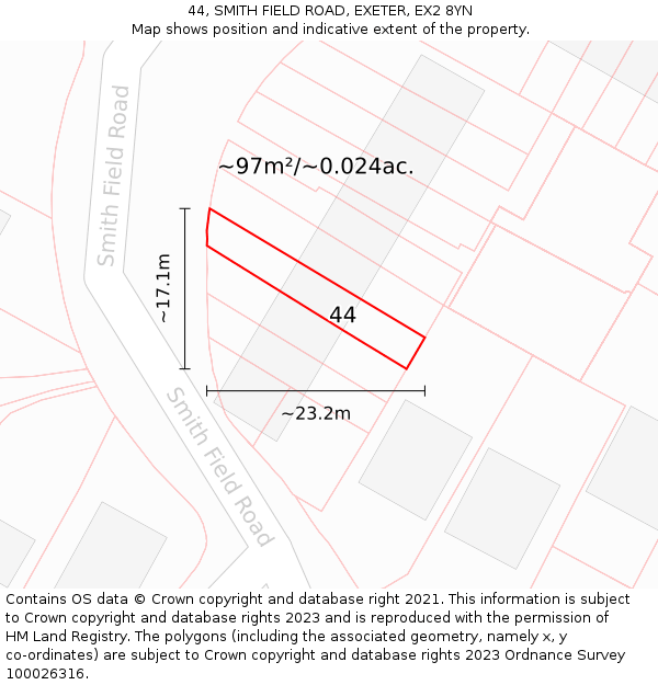 44, SMITH FIELD ROAD, EXETER, EX2 8YN: Plot and title map