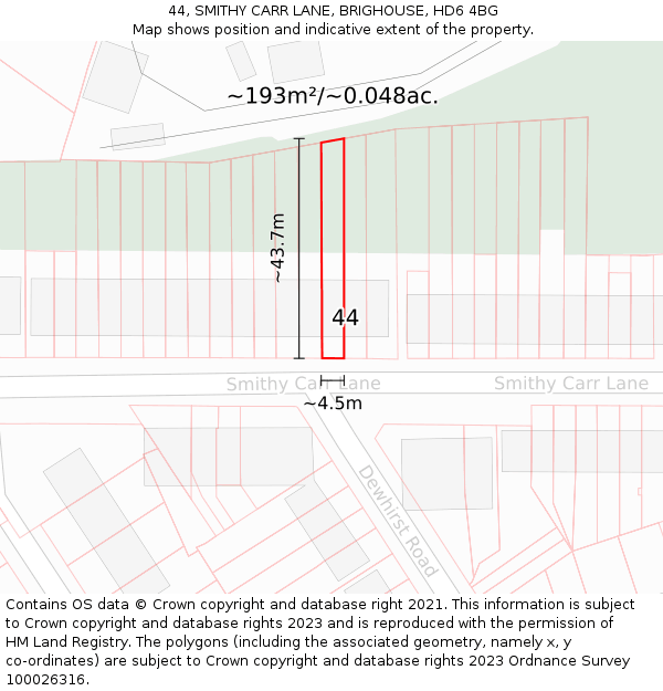 44, SMITHY CARR LANE, BRIGHOUSE, HD6 4BG: Plot and title map