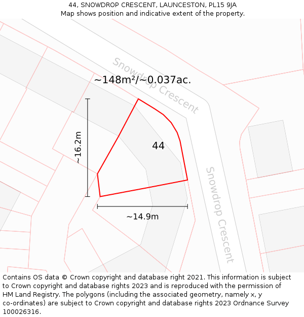 44, SNOWDROP CRESCENT, LAUNCESTON, PL15 9JA: Plot and title map