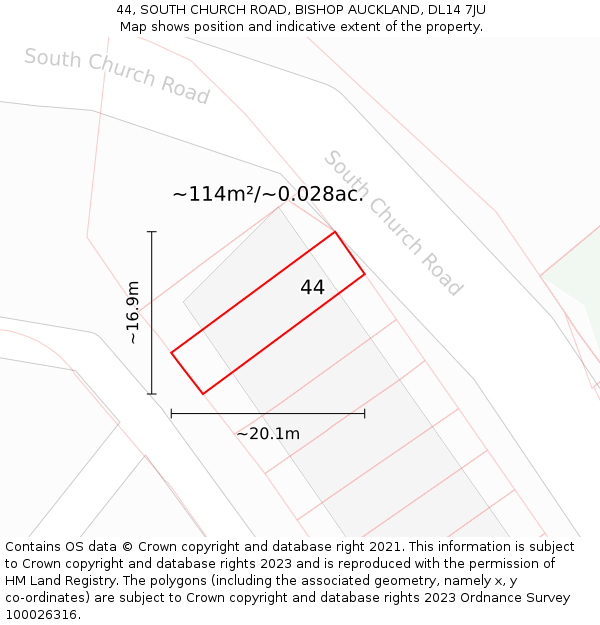 44, SOUTH CHURCH ROAD, BISHOP AUCKLAND, DL14 7JU: Plot and title map