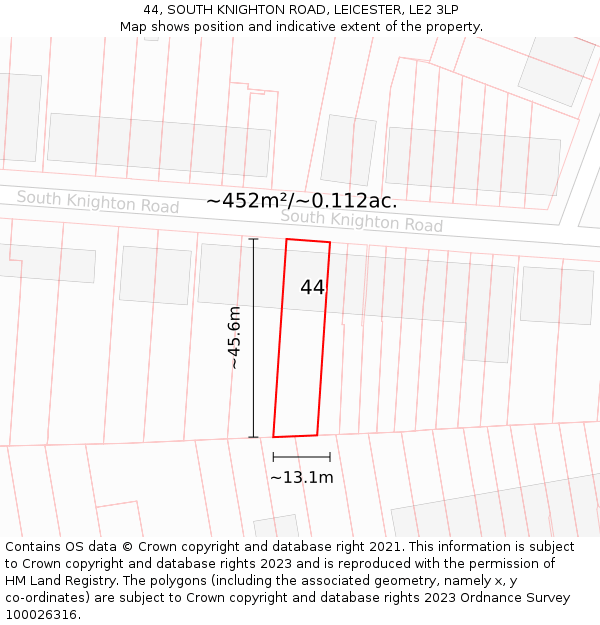 44, SOUTH KNIGHTON ROAD, LEICESTER, LE2 3LP: Plot and title map