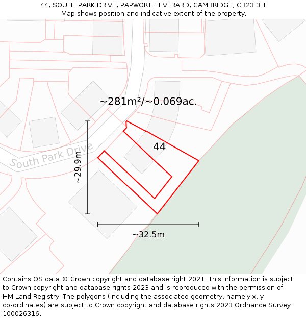 44, SOUTH PARK DRIVE, PAPWORTH EVERARD, CAMBRIDGE, CB23 3LF: Plot and title map