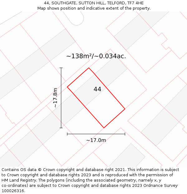 44, SOUTHGATE, SUTTON HILL, TELFORD, TF7 4HE: Plot and title map