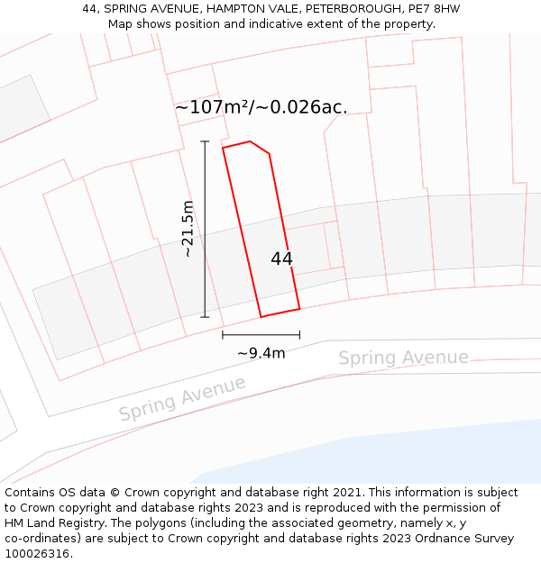 44, SPRING AVENUE, HAMPTON VALE, PETERBOROUGH, PE7 8HW: Plot and title map