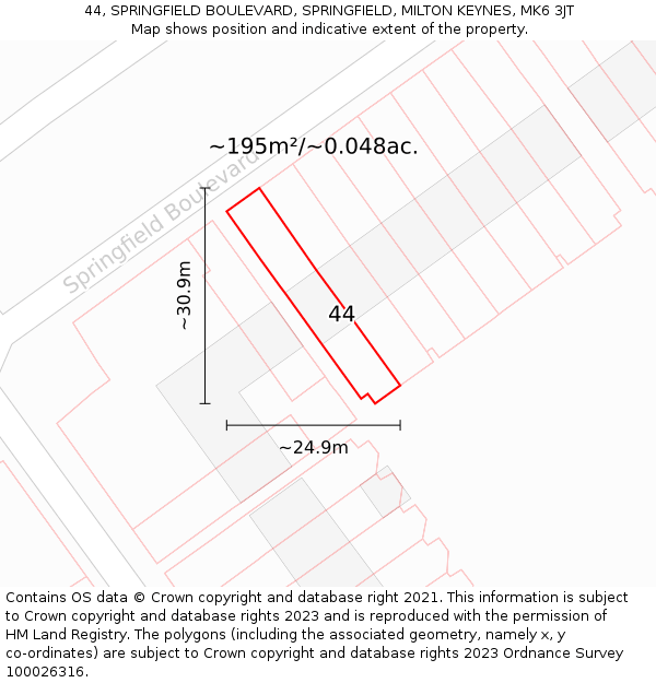 44, SPRINGFIELD BOULEVARD, SPRINGFIELD, MILTON KEYNES, MK6 3JT: Plot and title map