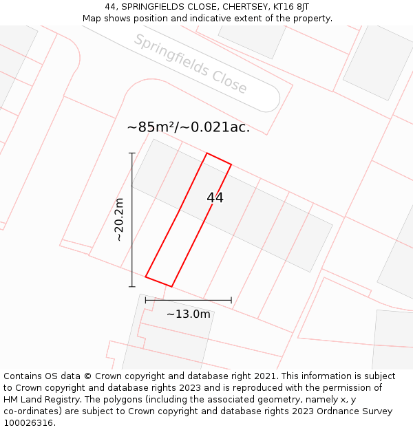 44, SPRINGFIELDS CLOSE, CHERTSEY, KT16 8JT: Plot and title map