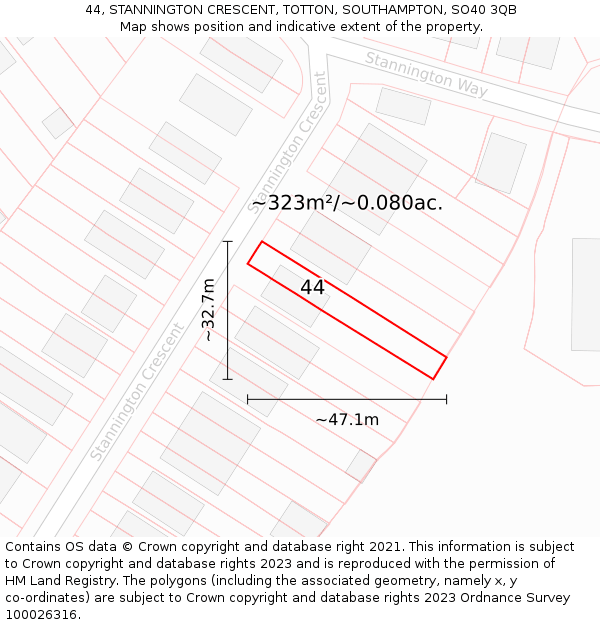 44, STANNINGTON CRESCENT, TOTTON, SOUTHAMPTON, SO40 3QB: Plot and title map