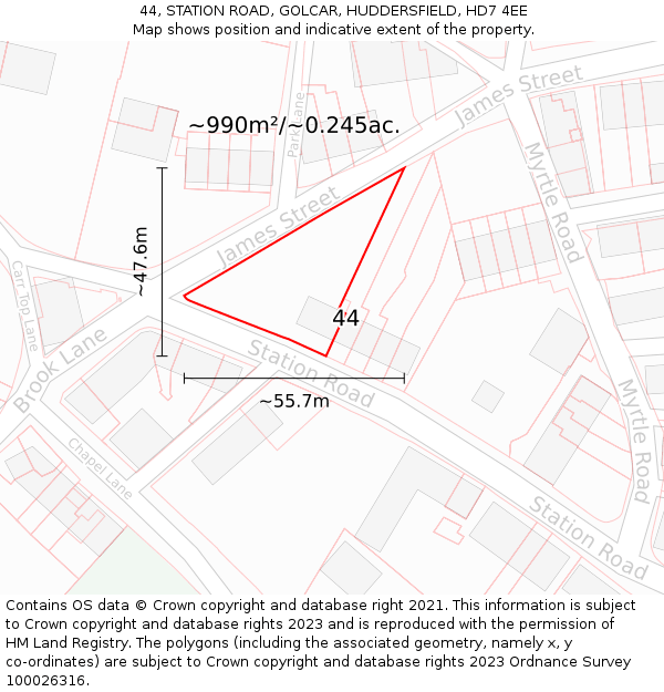 44, STATION ROAD, GOLCAR, HUDDERSFIELD, HD7 4EE: Plot and title map