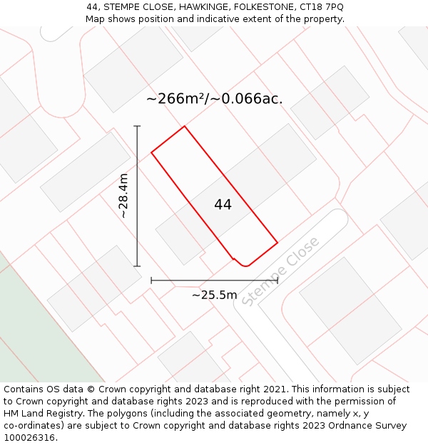 44, STEMPE CLOSE, HAWKINGE, FOLKESTONE, CT18 7PQ: Plot and title map