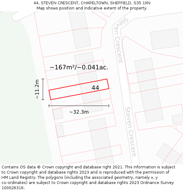44, STEVEN CRESCENT, CHAPELTOWN, SHEFFIELD, S35 1XN: Plot and title map