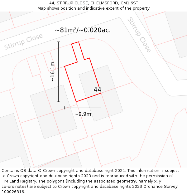 44, STIRRUP CLOSE, CHELMSFORD, CM1 6ST: Plot and title map