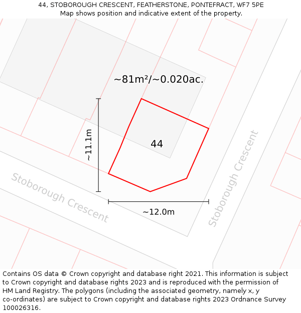 44, STOBOROUGH CRESCENT, FEATHERSTONE, PONTEFRACT, WF7 5PE: Plot and title map