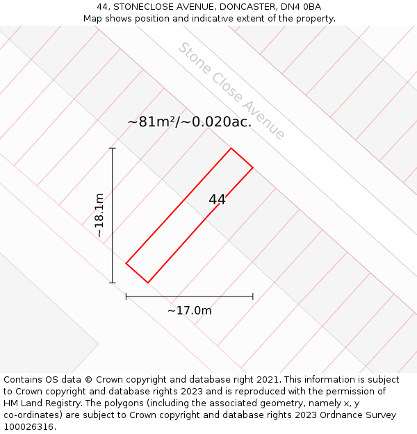 44, STONECLOSE AVENUE, DONCASTER, DN4 0BA: Plot and title map