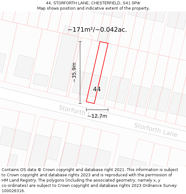 44, STORFORTH LANE, CHESTERFIELD, S41 0PW: Plot and title map