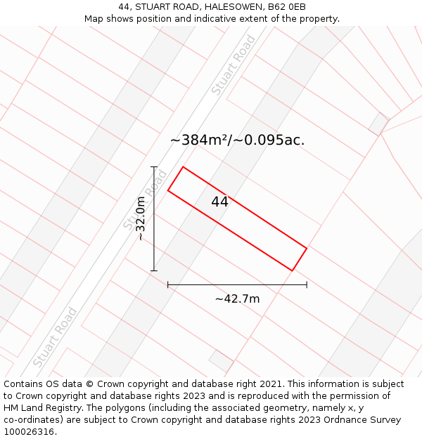 44, STUART ROAD, HALESOWEN, B62 0EB: Plot and title map