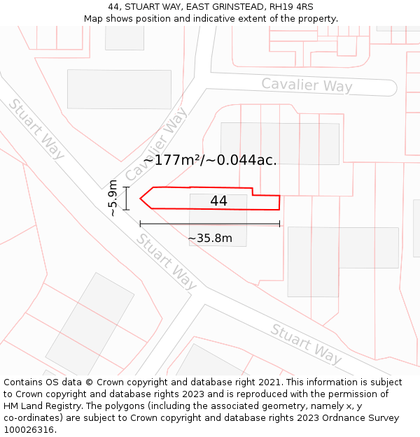44, STUART WAY, EAST GRINSTEAD, RH19 4RS: Plot and title map