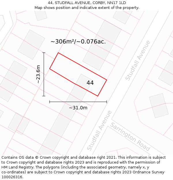 44, STUDFALL AVENUE, CORBY, NN17 1LD: Plot and title map