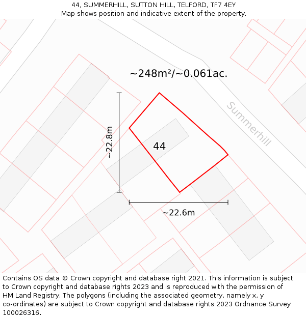 44, SUMMERHILL, SUTTON HILL, TELFORD, TF7 4EY: Plot and title map