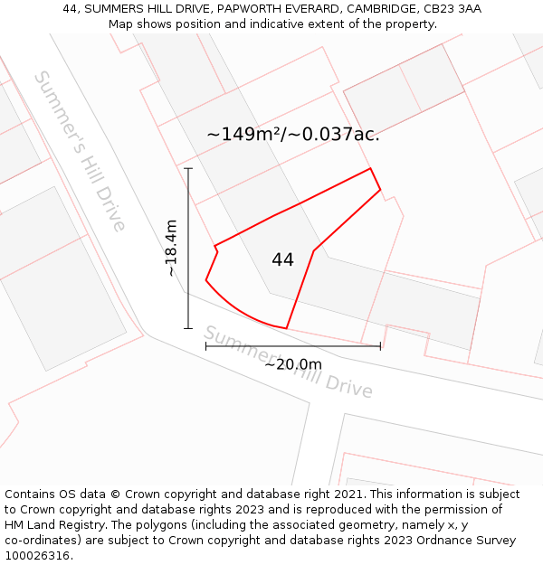 44, SUMMERS HILL DRIVE, PAPWORTH EVERARD, CAMBRIDGE, CB23 3AA: Plot and title map
