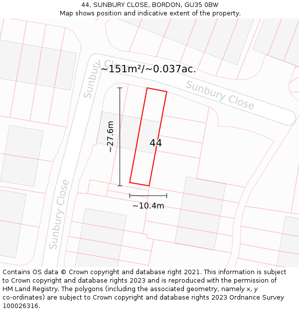 44, SUNBURY CLOSE, BORDON, GU35 0BW: Plot and title map