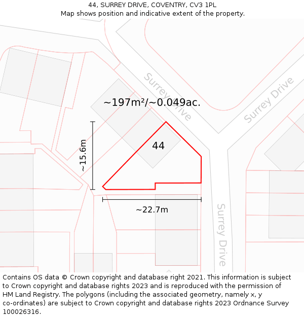 44, SURREY DRIVE, COVENTRY, CV3 1PL: Plot and title map