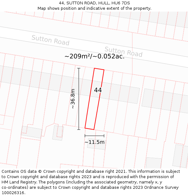 44, SUTTON ROAD, HULL, HU6 7DS: Plot and title map