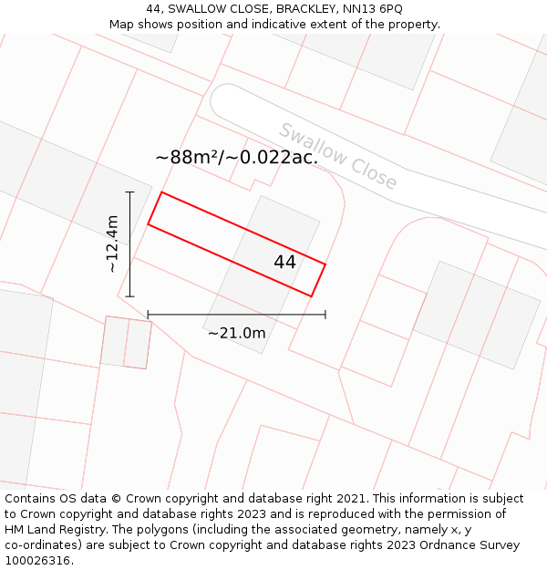44, SWALLOW CLOSE, BRACKLEY, NN13 6PQ: Plot and title map