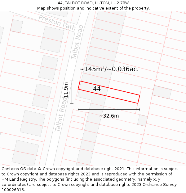 44, TALBOT ROAD, LUTON, LU2 7RW: Plot and title map