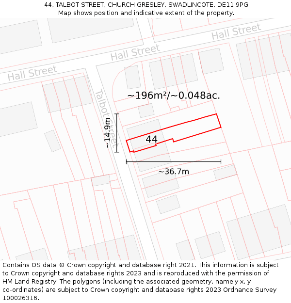 44, TALBOT STREET, CHURCH GRESLEY, SWADLINCOTE, DE11 9PG: Plot and title map