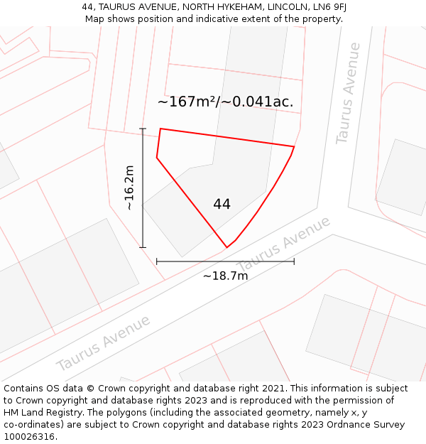 44, TAURUS AVENUE, NORTH HYKEHAM, LINCOLN, LN6 9FJ: Plot and title map