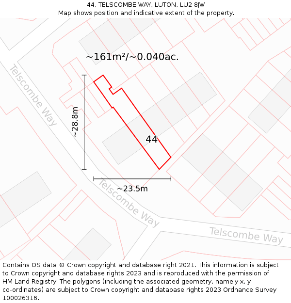 44, TELSCOMBE WAY, LUTON, LU2 8JW: Plot and title map